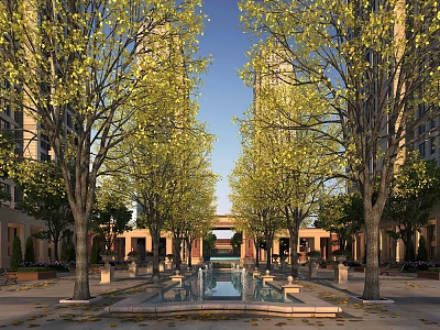 Tranquil Garden Landscape With Tall Trees Yellow Leaves Central Pool Stone Paving And Tall Buildings 3d model