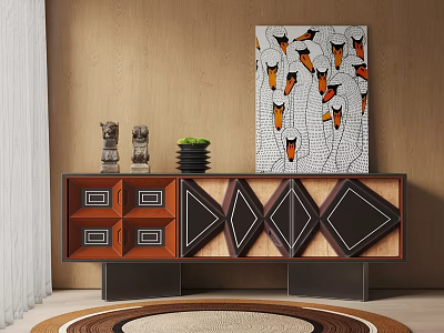 Geometric Pattern Console Cabinet With Decorative Vases Green Plant And Wall Art On Wooden Background 3d model