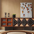 Geometric Pattern Console Cabinet With Decorative Vases Green Plant And Wall Art On Wooden Background