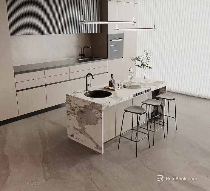 Modern Kitchen Bar Counter With Marble Countertop Black Bar Stools And Wooden Cabinets 3d model 