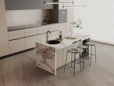 Modern Kitchen Bar Counter With Marble Countertop Black Bar Stools And Wooden Cabinets 3d model