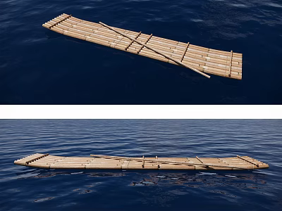 Traditional Bamboo Wooden Raft With Simple Crossed Structure Floating On Calm Blue Sea Water 3d model