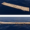 Traditional Bamboo Wooden Raft With Simple Crossed Structure Floating On Calm Blue Sea Water