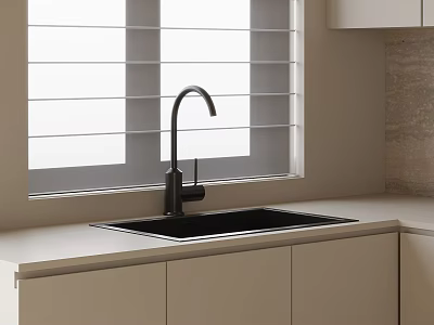 Black Kitchen Sink With Modern Faucet On Light Countertop And Beige Cabinets 3d model