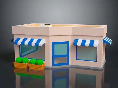 Small Shop Building Featuring Blue White Striped Awnings Blue Door Windows Yellow Planters Green Plants 3d model