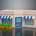Small Shop Building Featuring Blue White Striped Awnings Blue Door Windows Yellow Planters Green Plants