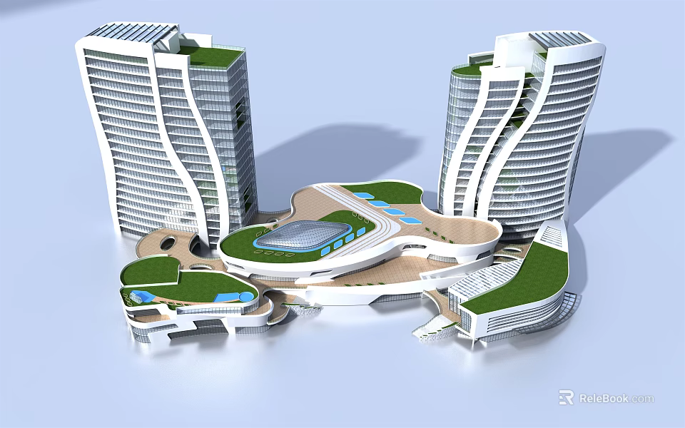 Two Modern Tall Curved Office Buildings With Green Roofs And Central Open Courtyard 3d model 