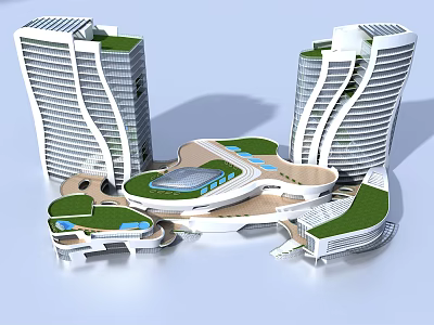 Two Modern Tall Curved Office Buildings With Green Roofs And Central Open Courtyard 3d model