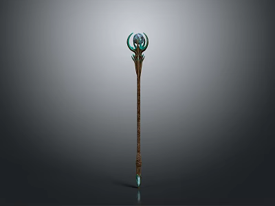 Magic Staff With Wooden Handle Circular Top Decoration And Blue Glowing Elements 3d model