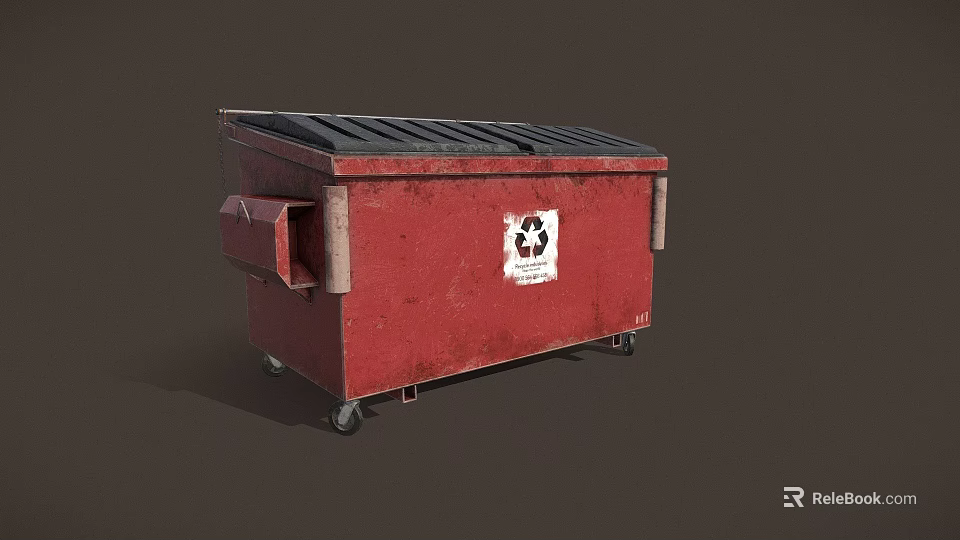 Red Industrial Dumpster With Recycling Symbol On Wheels For Waste Management 3d model 
