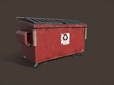 Red Industrial Dumpster With Recycling Symbol On Wheels For Waste Management 3d model