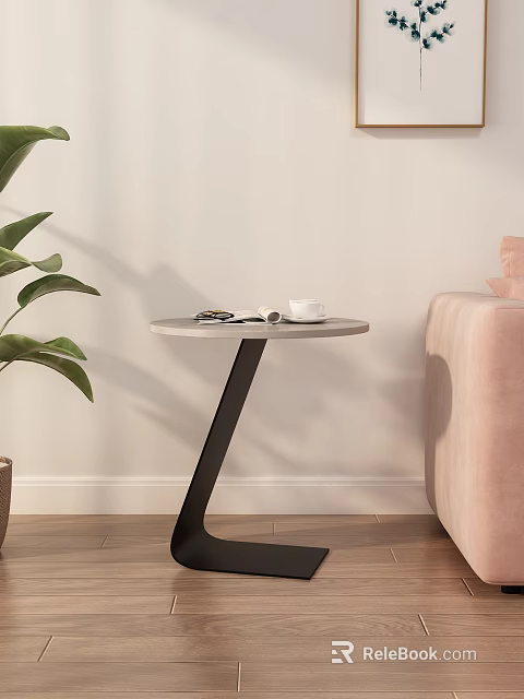Modern Round Side Table With Marble Top And Black Metal Base Next To Pink Sofa 3d model 