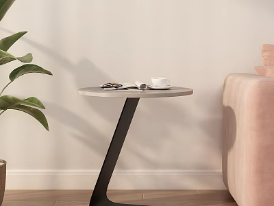 Modern Round Side Table With Marble Top And Black Metal Base Next To Pink Sofa 3d model