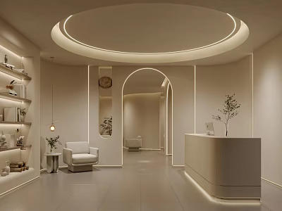 Modern Beauty Hair Salon Interior With Soft Lighting Curved Reception Desk Comfortable Seating Green Plants 3d model
