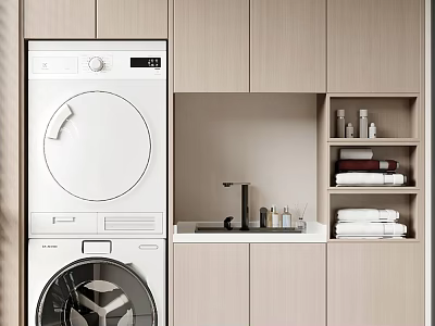 Balcony Cabinet With Washing Machine Dryer Sink And Storage Shelves For Towels Toiletries 3d model