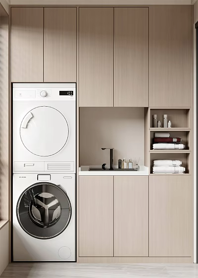 Balcony Cabinet With Washing Machine Dryer Sink And Storage Shelves For Towels Toiletries 3d model