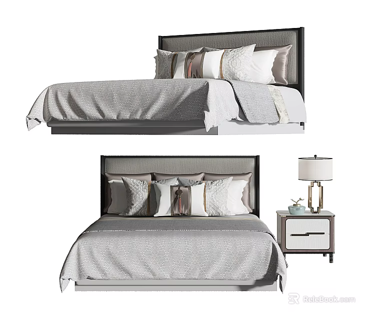 Modern Double Bed With Headboard Multiple Pillows Gray Bedspread And Nightstand 3d model