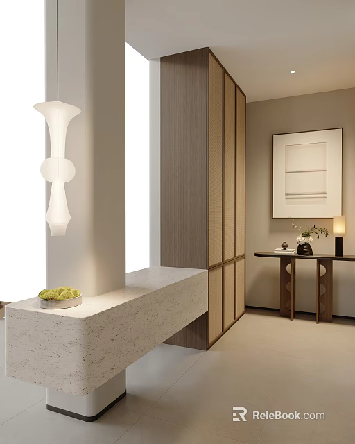 Modern Minimalist Foyer Hallway Interior Design With White Pendant Light Wooden Cabinets And Stone Countertop 3d model 