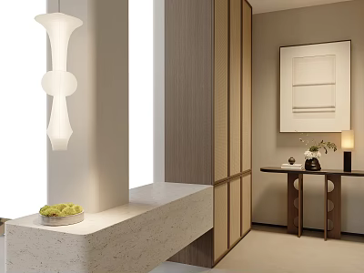 Modern Minimalist Foyer Hallway Interior Design With White Pendant Light Wooden Cabinets And Stone Countertop 3d model