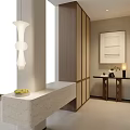 Modern Minimalist Foyer Hallway Interior Design With White Pendant Light Wooden Cabinets And Stone Countertop