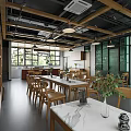 Modern Restaurant Interior With Wooden Tables Chairs Green Plants Bamboo Curtains And Wall Art