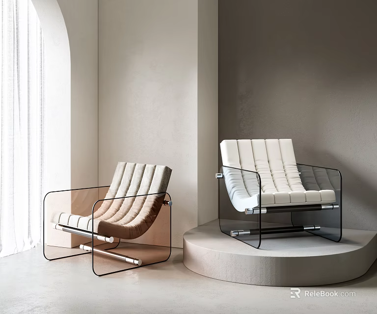 Modern Lounge Chairs With Transparent Frame Brown White Striped Design In Minimalist Room 3d model 