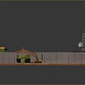 Cartoon US Army Military Camp Scene With Brown Tents Green Crates Yellow Barrels And Fence