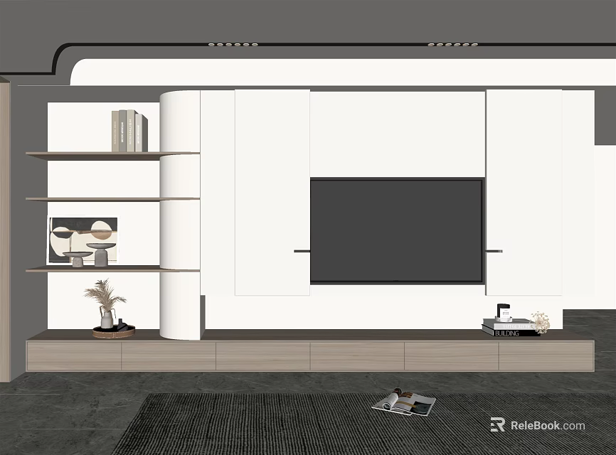 Modern TV Wall Design With White Cabinets Open Shelves And Decorative Items 3d model