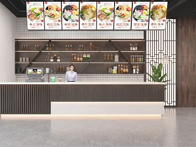 Modern Shop Front Desk Interior With Menu Posters Staff Member Beverage Shelves And Green Plant 3d model