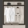 White Robes Hanging In Modern Wardrobe With Folded Towels And Storage Shelves