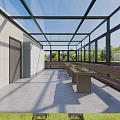 Bright Glass Sunroom Leisure Area With Comfortable Wooden Furniture And Pleasant Outdoor Natural Green View
