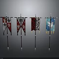 Traditional Decorative Flags With Various Patterns And Characters On Wooden Poles