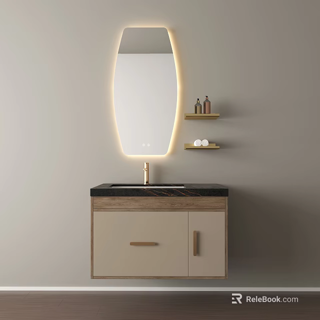 Modern Bathroom Vanity With Backlit Mirror Black Countertop And Wall Shelves 3d model 