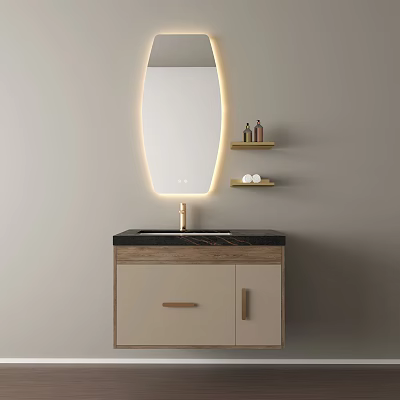 Modern Bathroom Vanity With Backlit Mirror Black Countertop And Wall Shelves 3d model