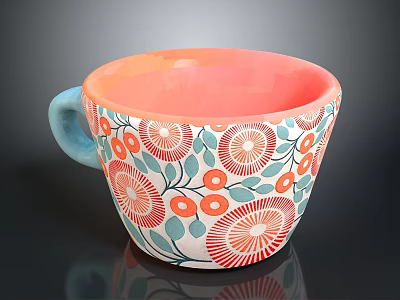 Colorful Ceramic Mug with Orange Interior Blue Handle and Red Floral Green Leaf Patterns 3d model