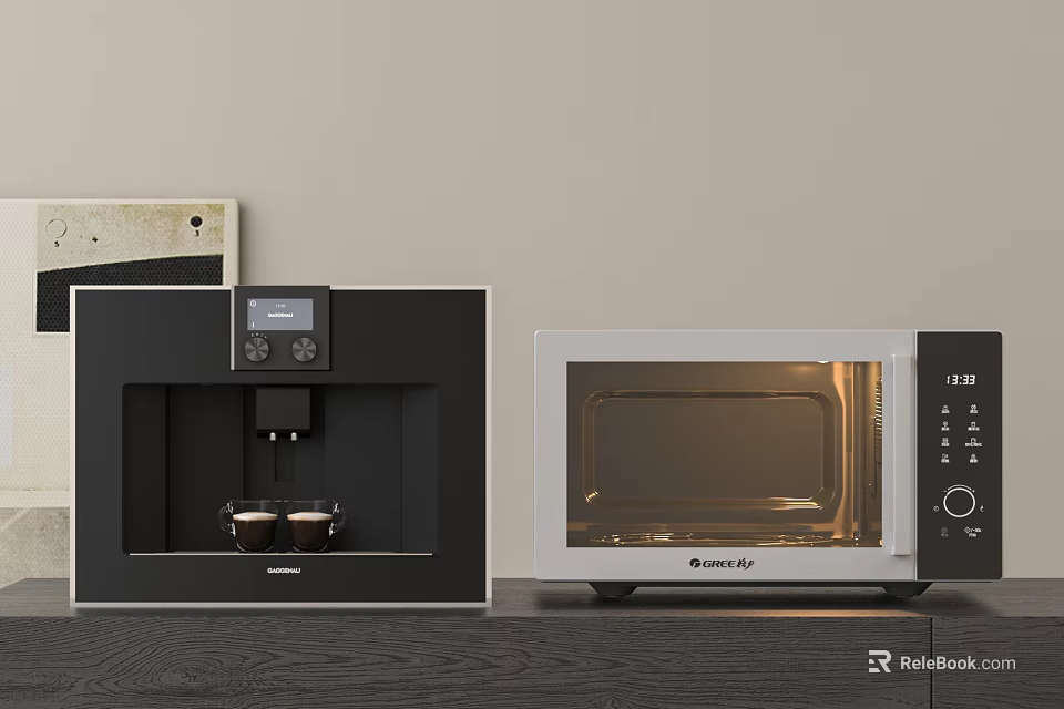Kitchen Appliances Featuring Coffee Machine And Microwave Oven On Countertop 3d model 