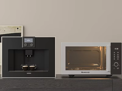 Kitchen Appliances Featuring Coffee Machine And Microwave Oven On Countertop 3d model