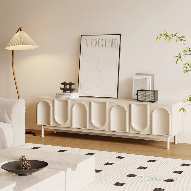 Modern Living Room With White TV Stand VOGUE Poster Floor Lamp Sofa And Bamboo Plant 3d model 