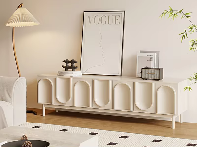 Modern Living Room With White TV Stand VOGUE Poster Floor Lamp Sofa And Bamboo Plant 3d model
