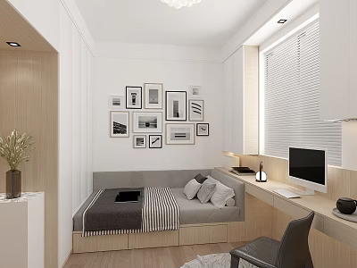 Tatami Bedroom Interior Design With Platform Bed Framed Photos Window Blinds Desk And Chair 3d model