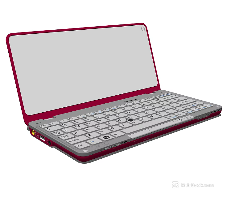 Slim Portable Laptop With Red Frame Gray Screen And White Keyboard Design 3d model 