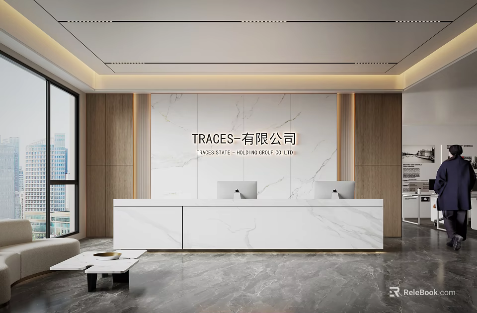 Modern Luxury Office Reception Desk With White Marble Counter And Elegant Company Brand Backdrop 3d model 