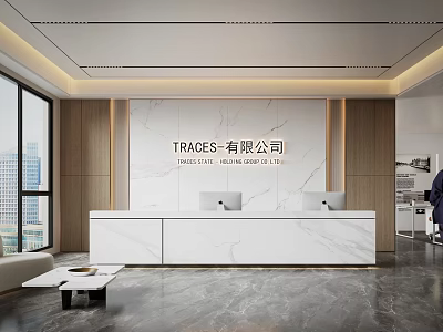 Modern Luxury Office Reception Desk With White Marble Counter And Elegant Company Brand Backdrop 3d model