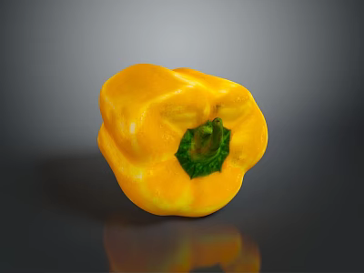 Fresh Vibrant Yellow Bell Pepper with Green Stem on Dark Reflective Surface 3d model