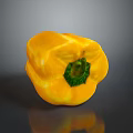 Fresh Vibrant Yellow Bell Pepper with Green Stem on Dark Reflective Surface
