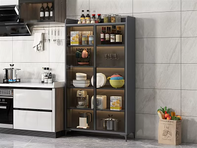 Modern Kitchen Sideboard with Open Design for Dishes Bottles and Storage 3d model