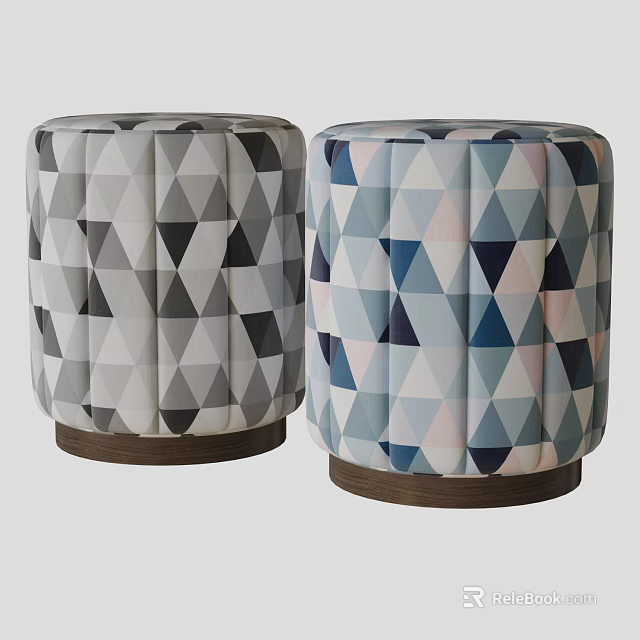 Modern Round Sofa Stools With Colorful Geometric Patterns And Wooden Legs 3d model