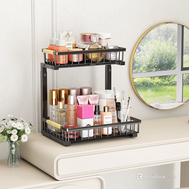 Two Tier Metal Rack Organizing Cosmetics Perfumes Lipsticks On Dressing Table With Round Mirror 3d model 