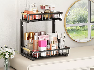 Two Tier Metal Rack Organizing Cosmetics Perfumes Lipsticks On Dressing Table With Round Mirror 3d model