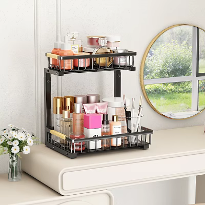 Two Tier Metal Rack Organizing Cosmetics Perfumes Lipsticks On Dressing Table With Round Mirror 3d model